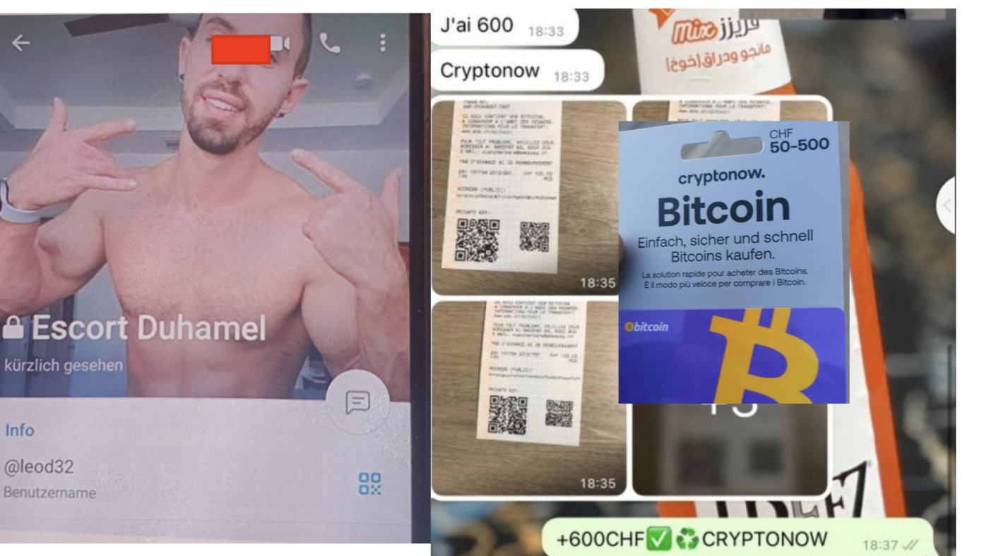 GRINDR scheint auch Dank SBB jetzt eine Hochburg für Bitcoin-Kriminelle zu werden. Über GRINDR werden Opfer in solche Telegram-Profile gelockt und um Bitcoin-Anteile bestohlen. Lug und Trug von Kriminellen in Zürich und weltweit. Unsere Bild-Montage zeigt oben Links das "Telegram"-Profil eines Täters, wobei dieser Mann im Internet auf zahlreichen dubiosen Webseiten mit seinem Foto weltweit erscheint. Ob er auch dieses Telegram-Profil hat, ist unklar, aber gut möglich. Möglich ist aber auch, dass sein Foto von anderen geklaut wurde und nun für kriminelle Machenschaften im Krypto-Markt genutzt wird. Die Screenshots rechts stammen von den Kriminellen die einen Zürcher kurz vor Weihnachten damit angeleitet haben, wie man am SBB-Automaten in Zürich Stadelhofen Bitcoin-Anteile kaufen könne. Als er den Bitcoin-Gutschein zeigte, klauten parallel die Täter damit alles Geld. Täter war jener Kriminelle, der sich in Telegram als "Escort Duhamel" vorstellte, aber in GRINDR den Chat als ganz normaler Kontakt anfing.