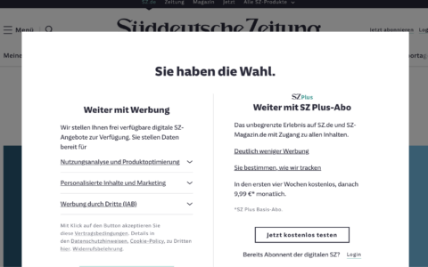 Haben wir die Wahl? Diese grafisch-inhaltliche Abfrage zu Cookies auf sueddeutsche.de ist nach unserer Meinung etwas irreführend. Es geht eben nicht nur darum, ob ein Leser mit Werbung die Artikel lesen möchte, sondern vor allem darum, sich die Zustimmung einzuholen zum Platzieren von Cookies für Kunden. Das ist zweierlei, wird aber nicht grafisch deutlich genug gemacht. Da hilft auch nicht, dass man dann drunter noch kurz erläutert was man meint. Es geht eben primär nicht um "Weiter mit Werbung", sondern primär um "Weiter mit Cookies zum Werbeverkauf!", bzw. "Weiter mit Cookies zu Ihrem Nutzungsdaten-Weiterverkauf".