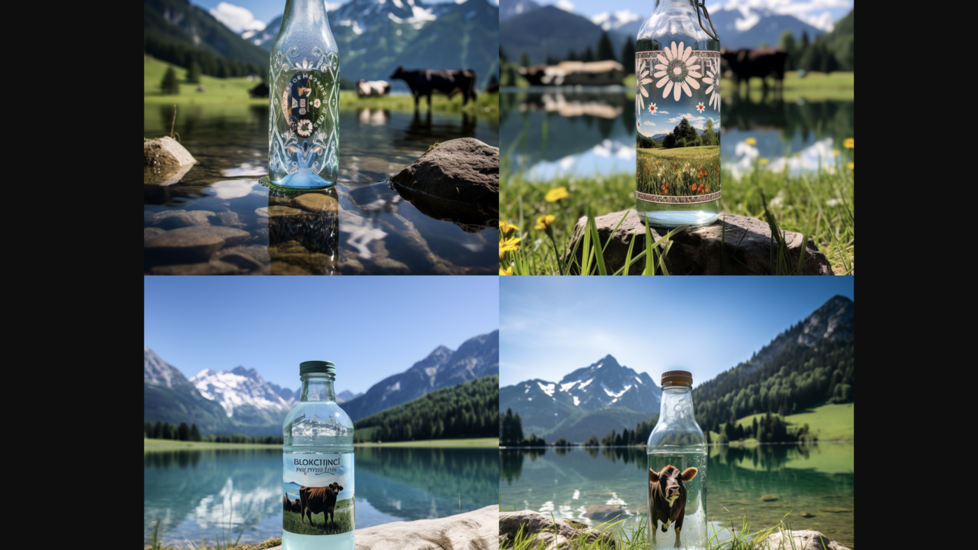 Mineralswasser - oft besser als sein Ruf, aber auch manchmal schlechter. Dieses Bild entstand mit der KI Midjourney.app auf Bitte von NT. Wir sehen Mineralwasserflaschen inmitten der bayerischen Alpen bei Schliersee.