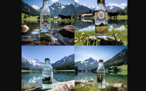 Mineralswasser - oft besser als sein Ruf, aber auch manchmal schlechter. Dieses Bild entstand mit der KI Midjourney.app auf Bitte von NT. Wir sehen Mineralwasserflaschen inmitten der bayerischen Alpen bei Schliersee.