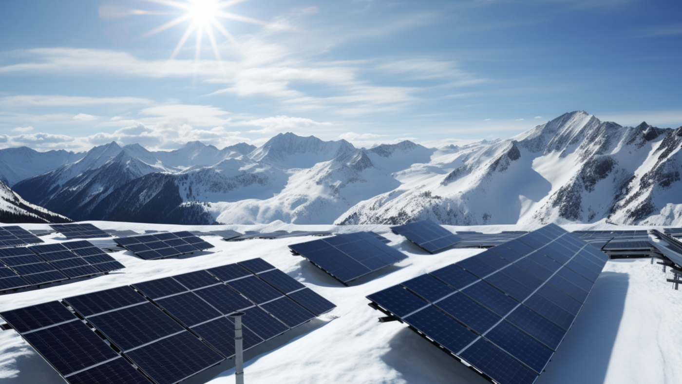 Der Schweizer Skiort Davos will ein Solarmodul-Paradies werden. Hier ein fiktives NETZ-TRENDS.de-KI-Bild entstanden mit der Google-Grafik-KI midjourney.app.