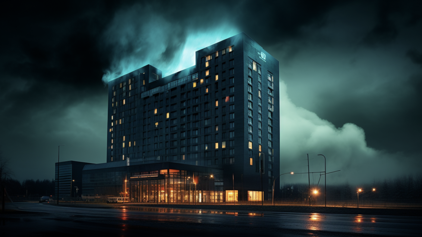 Oh no!!! Ausgerechnet die bei Millionen Kunden beliebteste Hotelkette, Motel One, wurde Ziel eines perfiden Hackerangriffs. Die Kundendaten sind sicher? Denkste. Unser fiktives Foto wurde erstellt von der Google Grafik-KI midjourney.app. Unser sinngemäßes Briefing: Bitte zeichne die führende Hotelkette Motel One, belagert von kriminellen Hackern.