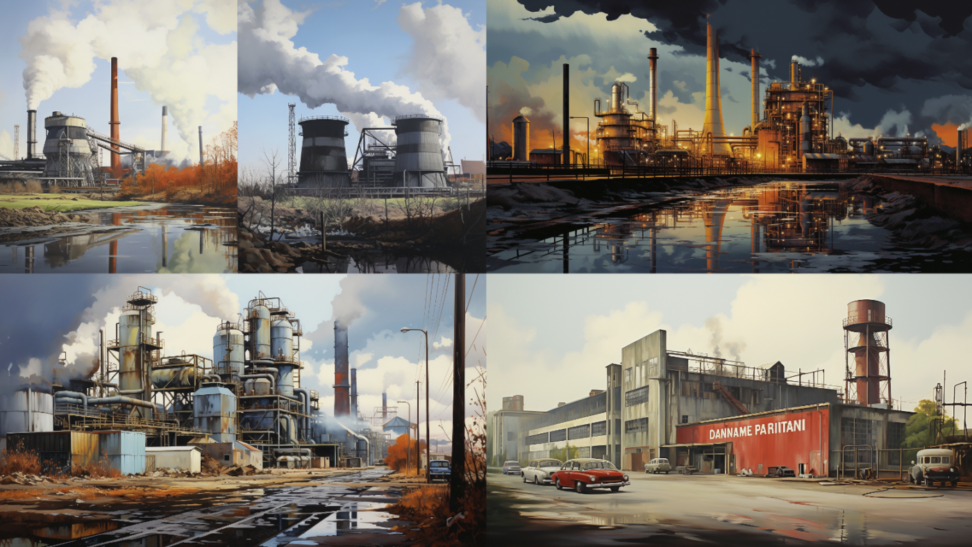 So stellt sich auf Anfrage von NETZ-TRENDS.de die Google Grafik KI, midjourney.app, die Deindustrialisierung von Deutschland vor: Dunkel, rostig, vergangen.