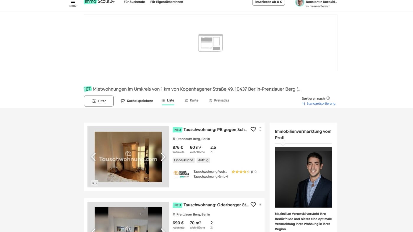 Frustration beim Wohnungssuchen: Tauschwohnungs-Inserate von Tauschwohnung.com überfluten Immobilienscout24.de und erschweren die Suche nach normalen Wohnungen, da sie ohne Filtermöglichkeit für die meisten Suchenden irrelevant sind.
