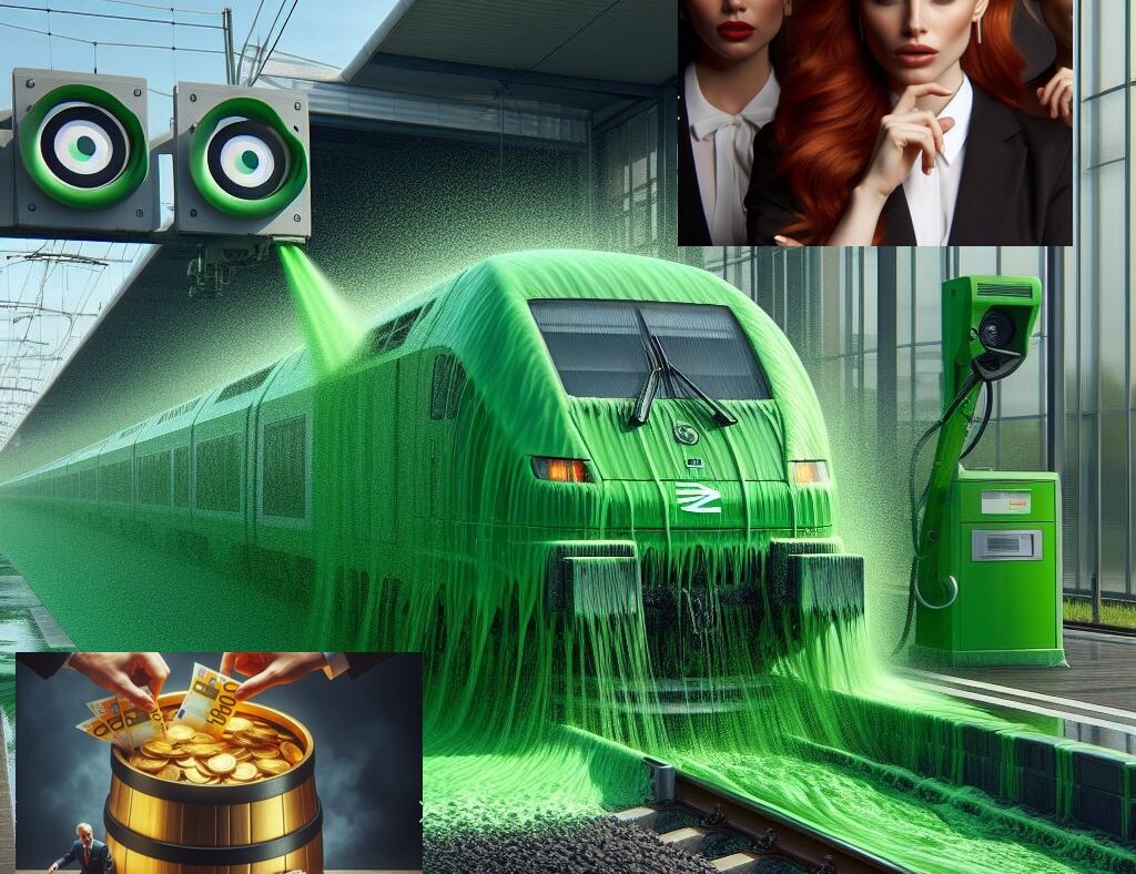 Keine Bildsatire: Der Bahn-Vorstand erhält Millionen durch Greenwashing und Frauenquoten für Top-Jobs ab 100.000 Euro – eine künstliche Intelligenz-Karikatur von Bing Image Creator.