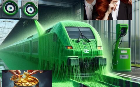 Keine Bildsatire: Der Bahn-Vorstand erhält Millionen durch Greenwashing und Frauenquoten für Top-Jobs ab 100.000 Euro – eine künstliche Intelligenz-Karikatur von Bing Image Creator.