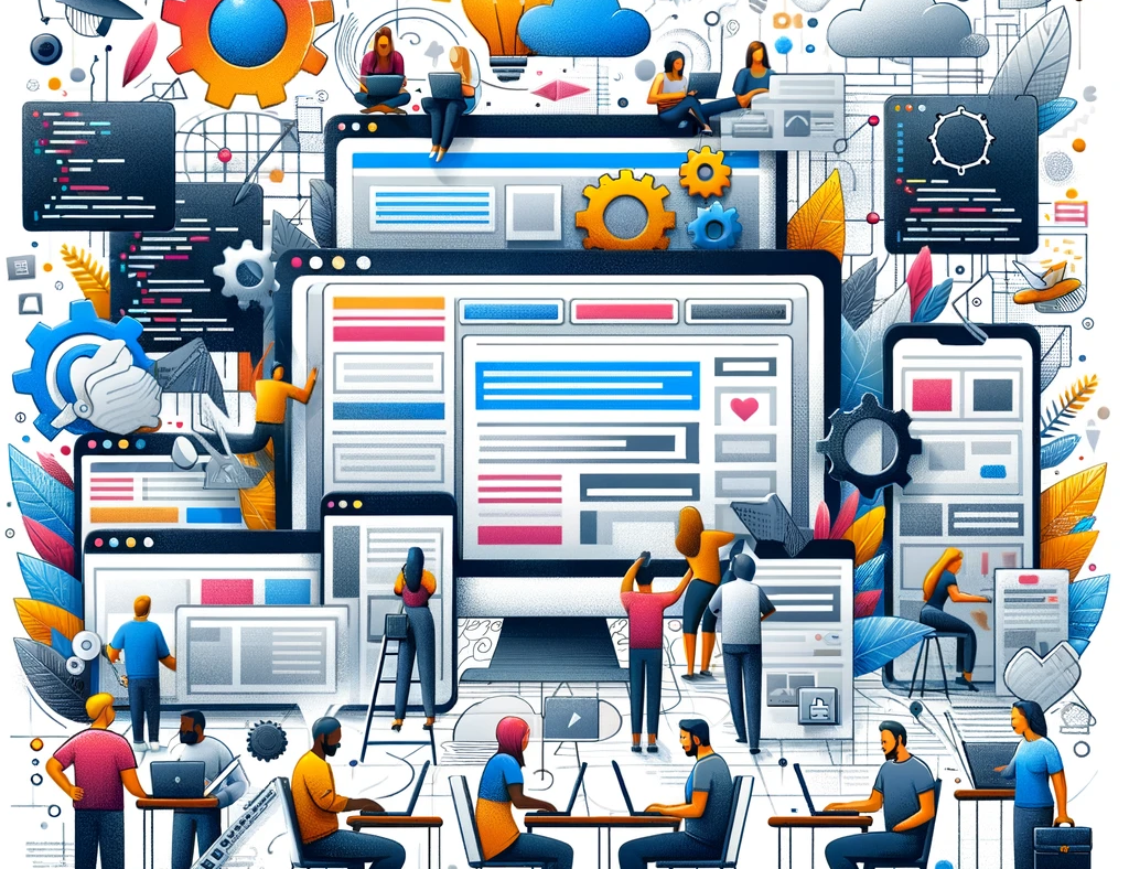 Das Bild illustriert das Konzept des Website-Baus mit einem Homepage-Baukastensystem. Es zeigt eine Gruppe verschiedener Personen, die an der Erstellung ihrer eigenen Websites auf Computern und Laptops arbeiten. Das Bild entstand über Bing Image Creator KI.