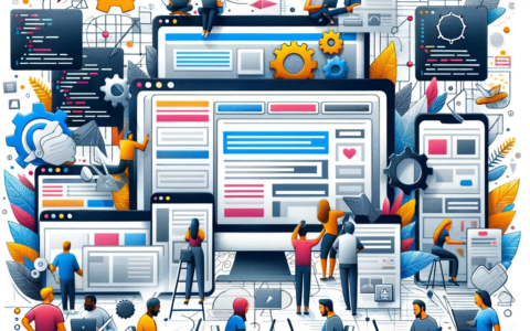 Das Bild illustriert das Konzept des Website-Baus mit einem Homepage-Baukastensystem. Es zeigt eine Gruppe verschiedener Personen, die an der Erstellung ihrer eigenen Websites auf Computern und Laptops arbeiten. Das Bild entstand über Bing Image Creator KI.