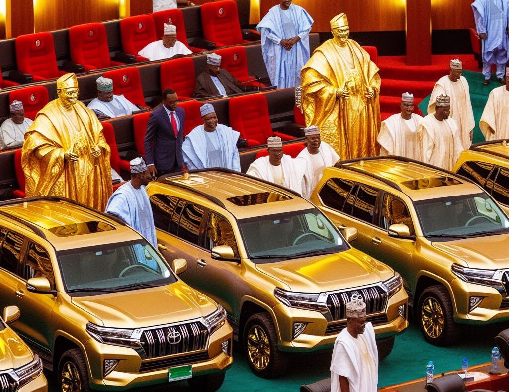 Golden Eyes: Nigerianische Parlamentarier, unabhängig vom Geschlecht, füllen ihre Taschen und genießen luxuriöse Geschenke – möglicherweise auch mit deutschem Entwicklungsgeld finanziert, das von SPD, Grünen und FDP für den Klimaschutz bereitgestellt wurde? So sieht NETZ-TRENEDS.de das Szenaria symbolisch. Unser FIKTIVES BILD ist ein künstliches NICHT ECHTES KI-BILD. Wir haben es mit dem Bing.com KI Image Creator entwickelt.