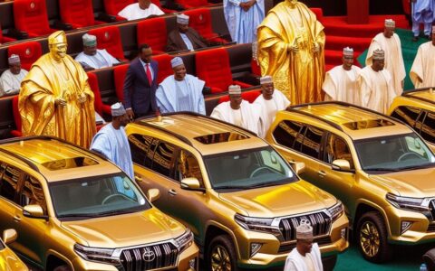 Golden Eyes: Nigerianische Parlamentarier, unabhängig vom Geschlecht, füllen ihre Taschen und genießen luxuriöse Geschenke – möglicherweise auch mit deutschem Entwicklungsgeld finanziert, das von SPD, Grünen und FDP für den Klimaschutz bereitgestellt wurde? So sieht NETZ-TRENEDS.de das Szenaria symbolisch. Unser FIKTIVES BILD ist ein künstliches NICHT ECHTES KI-BILD. Wir haben es mit dem Bing.com KI Image Creator entwickelt.