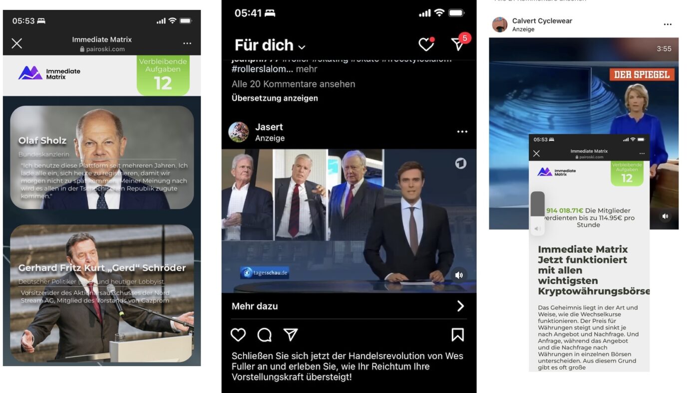 Betrugsplattformen werben ungeniert und vom Staat und Instagram offensichtlich unberührt dreist tagelang mit Fake News um Anleger um Millionen zu bringen. Screenshots aus auf INSTAGRAM geschalteten Werbespots am 27. März 2024 zwischen 5.30 Uhr 6 Uhr von Netz-trends.de entdeckt.