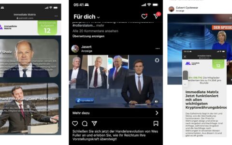 Betrugsplattformen werben ungeniert und vom Staat und Instagram offensichtlich unberührt dreist tagelang mit Fake News um Anleger um Millionen zu bringen. Screenshots aus auf INSTAGRAM geschalteten Werbespots am 27. März 2024 zwischen 5.30 Uhr 6 Uhr von Netz-trends.de entdeckt.