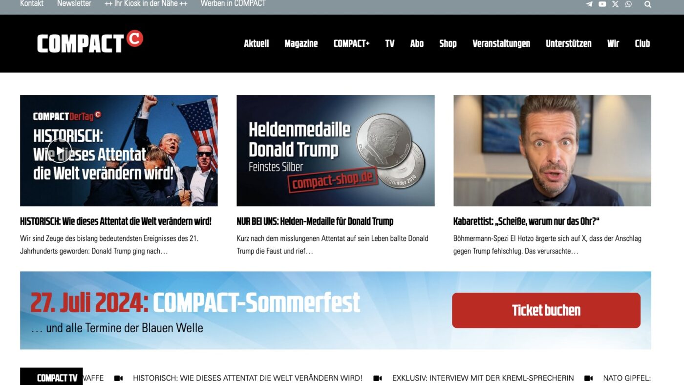 Die letzte noch verfügbare Online-Ausgabe des COMPACT-Magazins vom 16. Juli 2024, bevor SPD-Bundesinnenministerin Nancy Faeser das regierungskritische Portal durch eine umstrittene Verbotsaktion schließen ließ. Viele sehen darin einen Angriff auf die Demokratie.