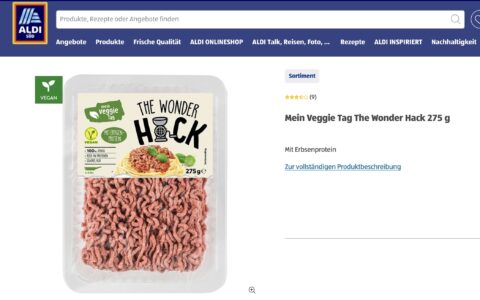 Da Veggie-Hack oft einen großen Anteil an Erbsen hat, gilt es häufig als gut in der Gesundheitsbilanz. Doch Vorsicht: Dies trifft bei weitem nicht auf alle Veggie-Fleisch- oder Veggie-Wurstangebote zu. Screenshot, Bild: ALDI Süd Onlineshop.