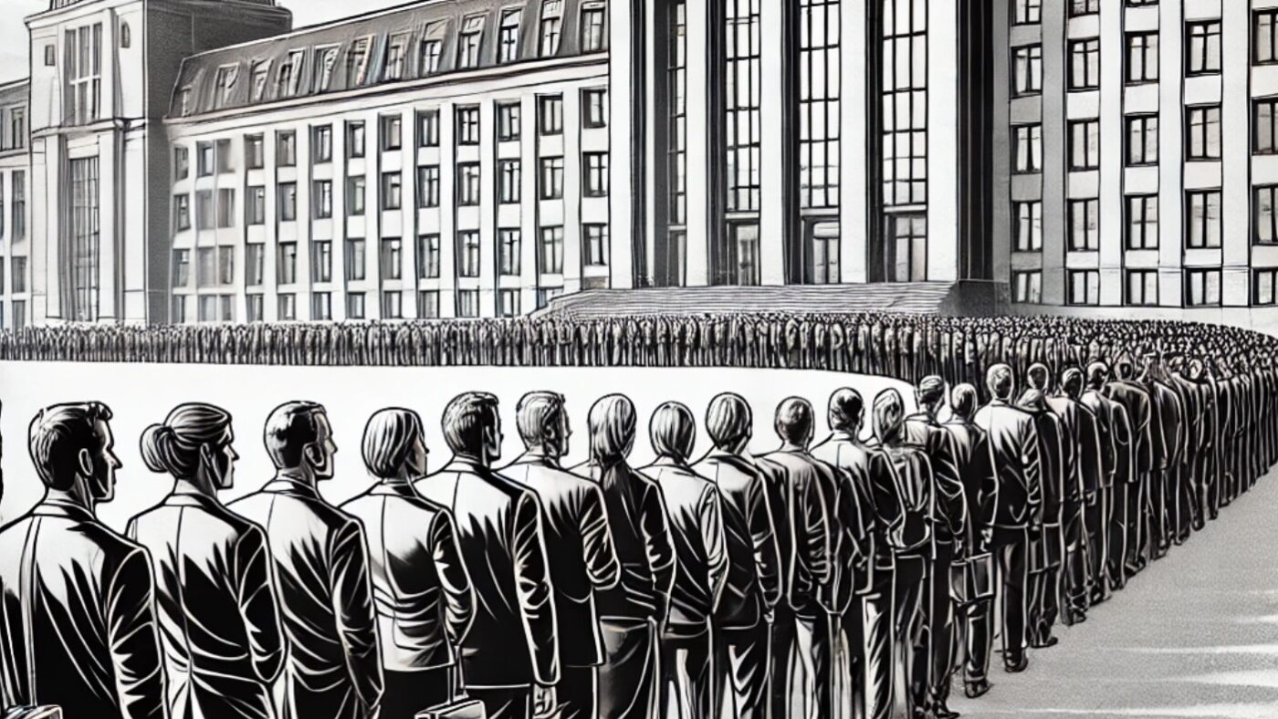 Eine lange Schlange von Bewerberinnen und Bewerbern vor der Bundesagentur für Sprunginnovationen (SPRIND) – über 200 Menschen konkurrieren um eine einzige Referentenstelle. Die Illustration symbolisiert den intensiven Wettbewerb auf dem Arbeitsmarkt - trotz Fachkräftemangel in vielen Branchen wie dem Bau, Handwerk, Pflege, Ärzteschaft, Hotelerie, Gastronomie. BILD: KI-generiert über Chat GPT auf Anfrage von NETZ-TRENDS.