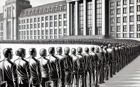 Eine lange Schlange von Bewerberinnen und Bewerbern vor der Bundesagentur für Sprunginnovationen (SPRIND) – über 200 Menschen konkurrieren um eine einzige Referentenstelle. Die Illustration symbolisiert den intensiven Wettbewerb auf dem Arbeitsmarkt - trotz Fachkräftemangel in vielen Branchen wie dem Bau, Handwerk, Pflege, Ärzteschaft, Hotelerie, Gastronomie. BILD: KI-generiert über Chat GPT auf Anfrage von NETZ-TRENDS.