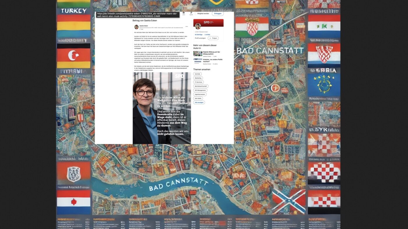 Hättest Du doch geschwiegen Tusnelda. Bild: Screenshot Esken-Post auf LinkedIn und KI-generiert über Chat GPT.