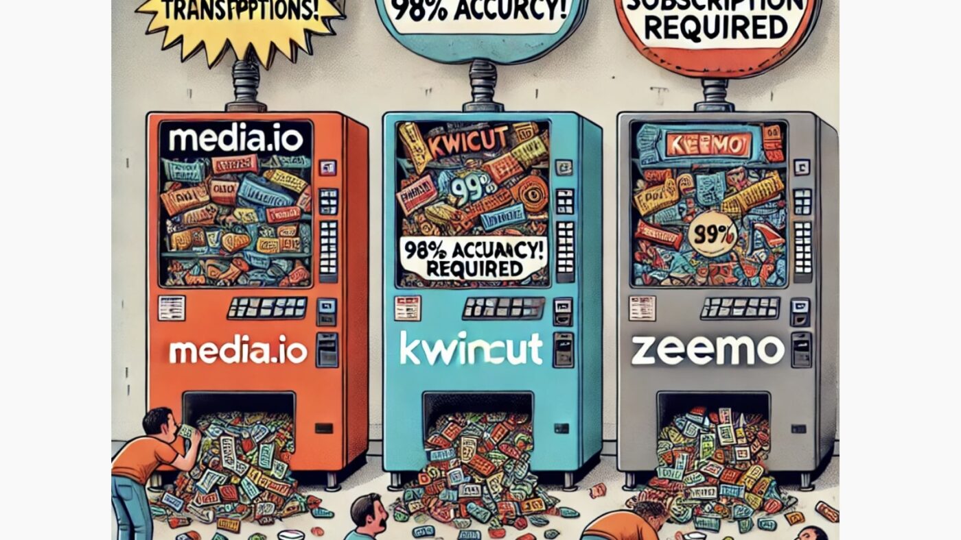 Verlockende Versprechen, enttäuschende Ergebnisse: Plattformen wie Media.io, KwiCut und Zeemo werben mit kostenlosen Transkriptionen, liefern jedoch nur Satzfragmente – oft hinter versteckten Abo-Kosten verborgen. Bild: KI-generiert über Chat GPT.