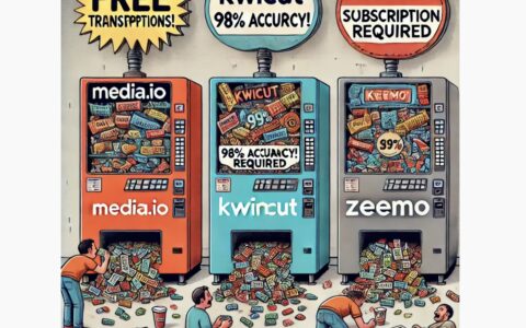 Verlockende Versprechen, enttäuschende Ergebnisse: Plattformen wie Media.io, KwiCut und Zeemo werben mit kostenlosen Transkriptionen, liefern jedoch nur Satzfragmente – oft hinter versteckten Abo-Kosten verborgen. Bild: KI-generiert über Chat GPT.
