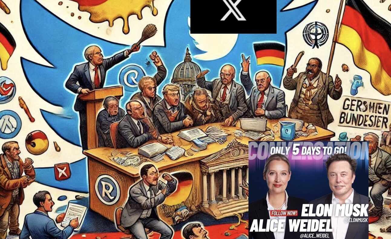 Im Feuer bei der Bundesregierung aus SPD und Grünen: Der Livechat des reichsten Menschen der Welt, von Elon Musk mit AfD-Chefin Alice Weidel auf X, dem Nachfolger von Twitter. Das Bild ist KI-generiert über bing.com Bildgenerator. Zudem wurde es durch Screenshots ergänzt zu einer Collage.