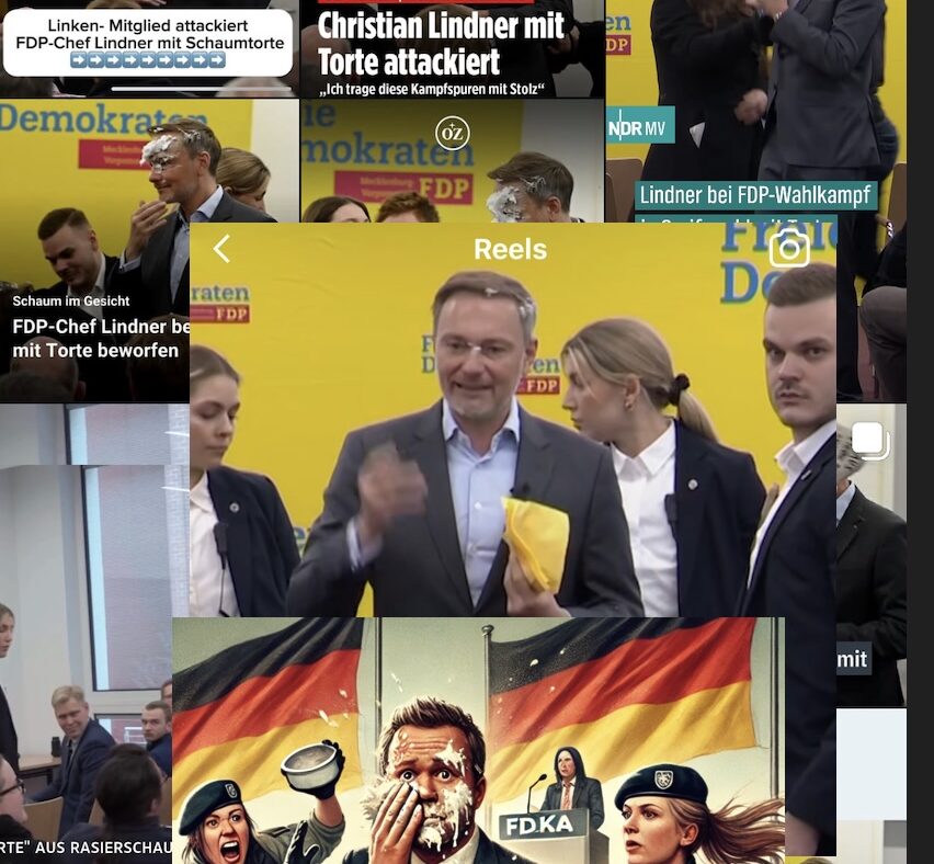 Collage aus Instagram-Posts und einem KI-Bild wie sich die Bildsoftware von Chat GPT das Lindner Attentat vorstellt. In der Mitte die beiden Versagerinnen des BKA oder LKA-Personenschutzes.