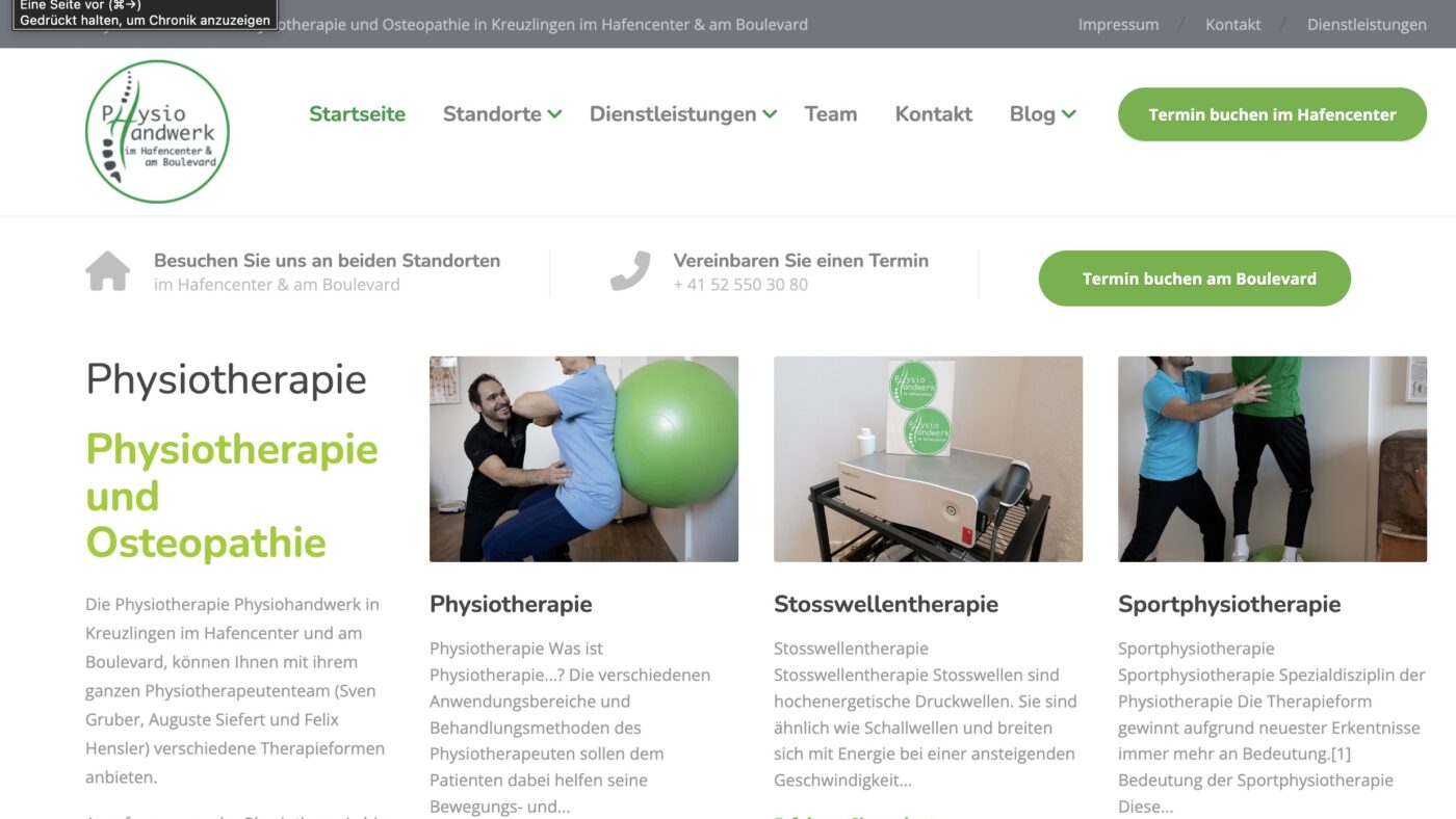 Eine der führenden Adressen für Physiotherapie im Thurgau: Physiohandwerk Kreuzlingen genießt bei Experten für Trauma- und Sportverletzungen einen exzellenten Ruf in der Schweiz. Mehr als 100 herausragende Bewertungen im Internet bestätigen die hohe Fachkompetenz und den Therapieerfolg der Praxis.