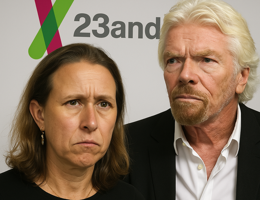 Investors duped with absurd growth stories? Richard Branson and Google co-founder’s ex, Anne Wojcicki. Retail investors have lost catastrophic amounts of money. The image is an AI-generated visual by ChatGPT, created on behalf of NETZ-TRENDS.de on March 26, 2025.