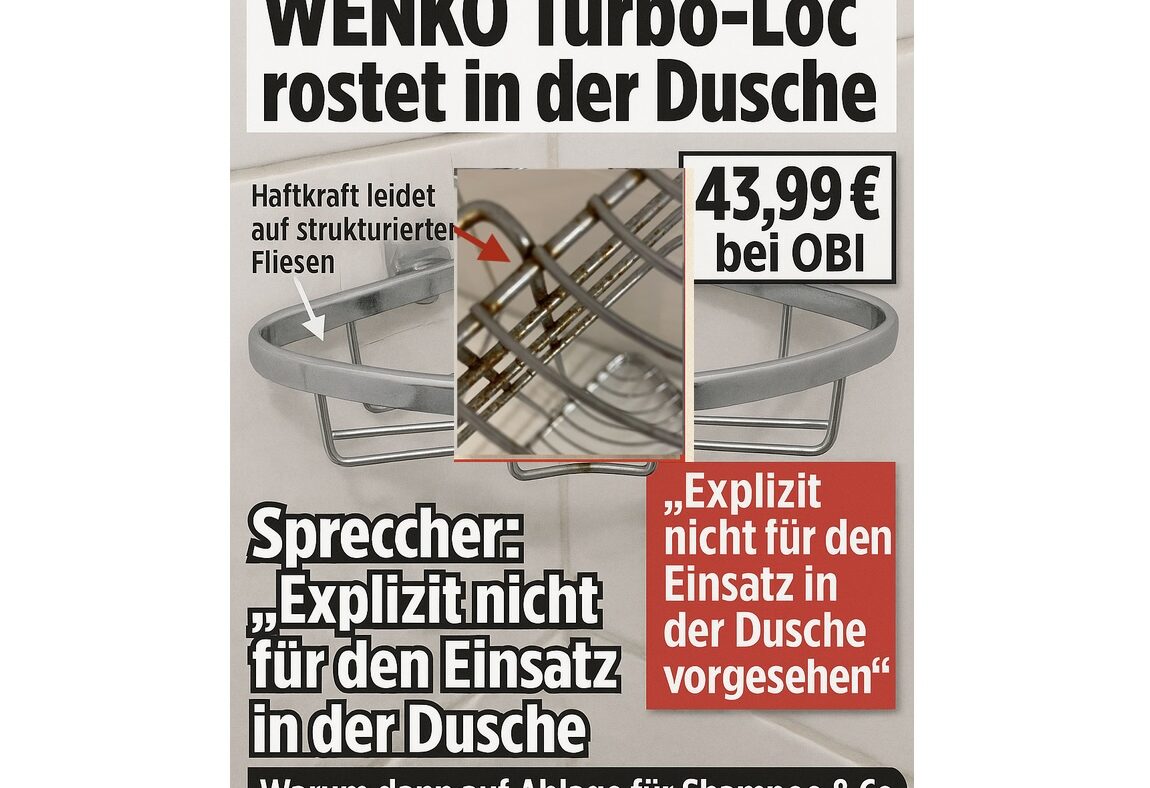 Vorne: der originale, deutlich verrostete Duschkorb von WENKO – fotografiert nach nur wenigen Monaten im Einsatz. Dahinter: ein KI-generiertes Symbolbild eines ähnlich konstruierten Modells (nicht direkt von WENKO). Während der Hersteller gegenüber der Presse von angeblich falscher Nutzung spricht, zeigt die Realität: Wer ein Produkt so bewirbt und platziert, muss sich an der Alltagstauglichkeit messen lassen. Sich mit fadenscheinig Kleingedrucktem herauszureden ist unseriös.