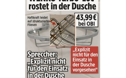 Vorne: der originale, deutlich verrostete Duschkorb von WENKO – fotografiert nach nur wenigen Monaten im Einsatz. Dahinter: ein KI-generiertes Symbolbild eines ähnlich konstruierten Modells (nicht direkt von WENKO). Während der Hersteller gegenüber der Presse von angeblich falscher Nutzung spricht, zeigt die Realität: Wer ein Produkt so bewirbt und platziert, muss sich an der Alltagstauglichkeit messen lassen. Sich mit fadenscheinig Kleingedrucktem herauszureden ist unseriös.