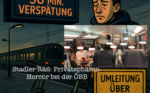 Grafik: ChatGPT Pro-Version / netz-trends.de. Reisen wie im Hühnerkäfig: In den Nachtzügen der ÖBB, gebaut vom Schweizer Hersteller Stadler Rail AG mit Sitz im thurgauischen Bussnang, sind die Rückenlehnen schätzungsweise 20 Zentimeter niedriger als im ICE – und nehmen den Fahrgästen im Großraumabteil nahezu jede Form von Privatsphäre. Reisen wird so zum Stressfaktor.