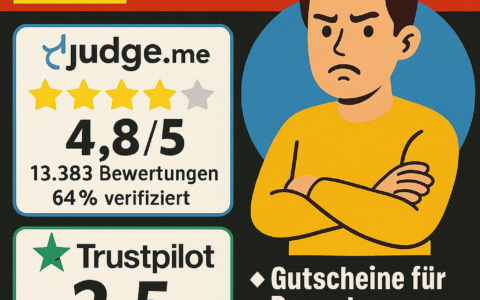 Hinweis: Trustpilot weist für Orthoback einen TrustScore von 2,5/5 aus; der rechnerische Durchschnitt aller 7.956 Bewertungen liegt bei 2,7/5 – beide Werte werden parallel angezeigt. Wichtiger Hinweis: Ob es Gutscheine für Bewertungen auf judge.me zu dem Shop gab, wissen wir nicht. Aber es ist durchaus in der Szene nicht unüblich.