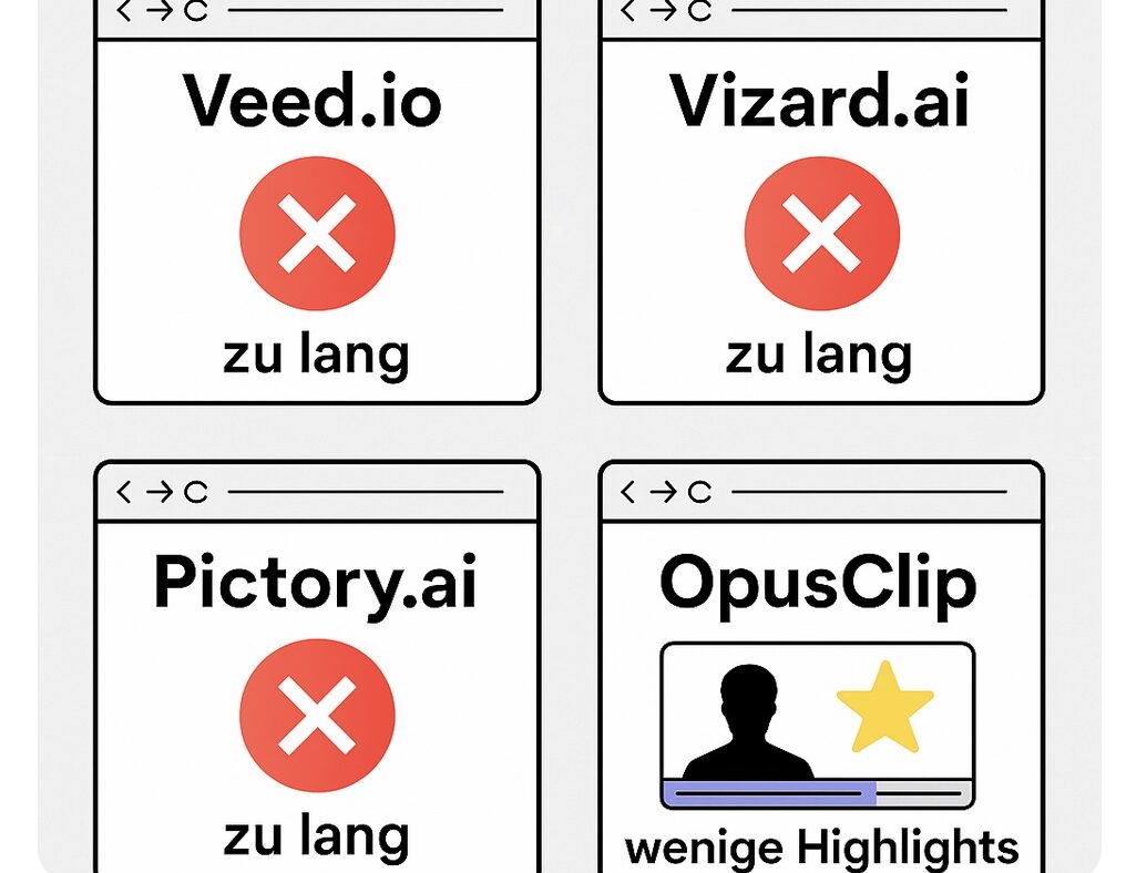 Mit KI Tools Social Media Videos bearbeiten, kürzen, untertiteln - Veed.io, Vizard.ai, Pictory.ai und OpusClip – warum KI-Tools bei längeren deutschsprachigen Videos scheitern