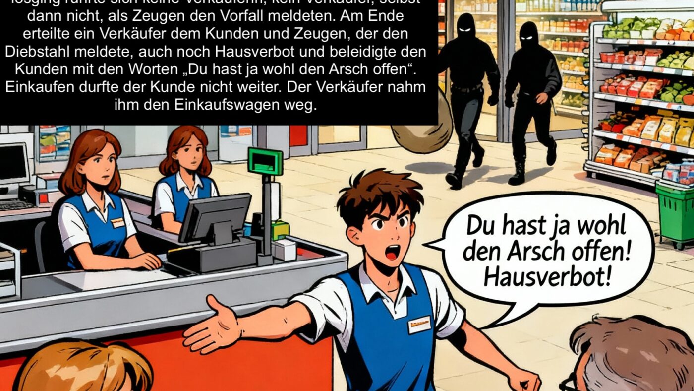 ALDI Leipzig-Elsterstraße: Mitarbeiter beleidigt Zeugen – Verkäufer lassen täglich 500 Euro klauen und greifen nicht ein und erteilen Zeugen noch Hausverbot