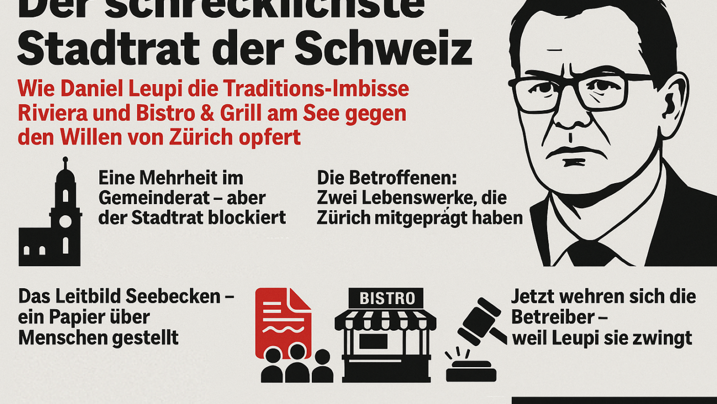 Der schrecklichste Stadtrat der Schweiz: Wie Daniel Leupi (GRÜNE) die Traditions-Imbisse Riviera und Bistro & Grill am See gegen den Willen von Zürich opfert / Medienkonferenz für den 28.11. einberufen