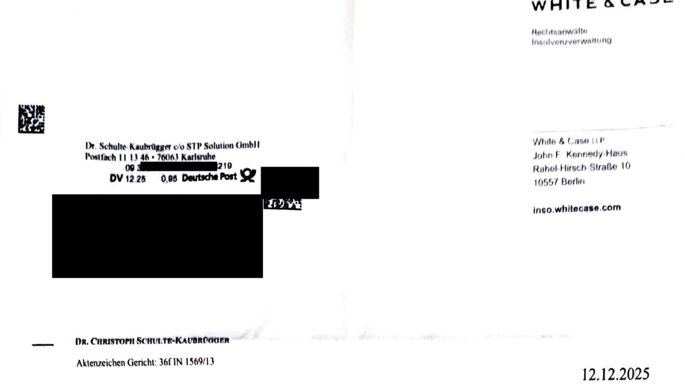 FlexStrom-Insolvenz: Technische Probleme beim Gläubigerportal nach Aufforderung zur Online-Registrierung – Schreiben von Insolvenzverwalter Dr. Christoph Schulte-Kaubrügger, Abwicklung über White & Case