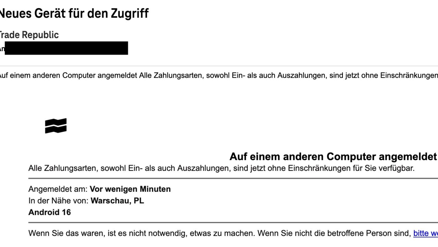 Kunden mit t-online.de-Postfach erhalten derzeit massenhaft eine betrügerische Phishing-Mail im Namen von Trade Republic. Alles darin ist falsch und kriminell – keine Daten eingeben, sondern direkt als Spam markieren und löschen.