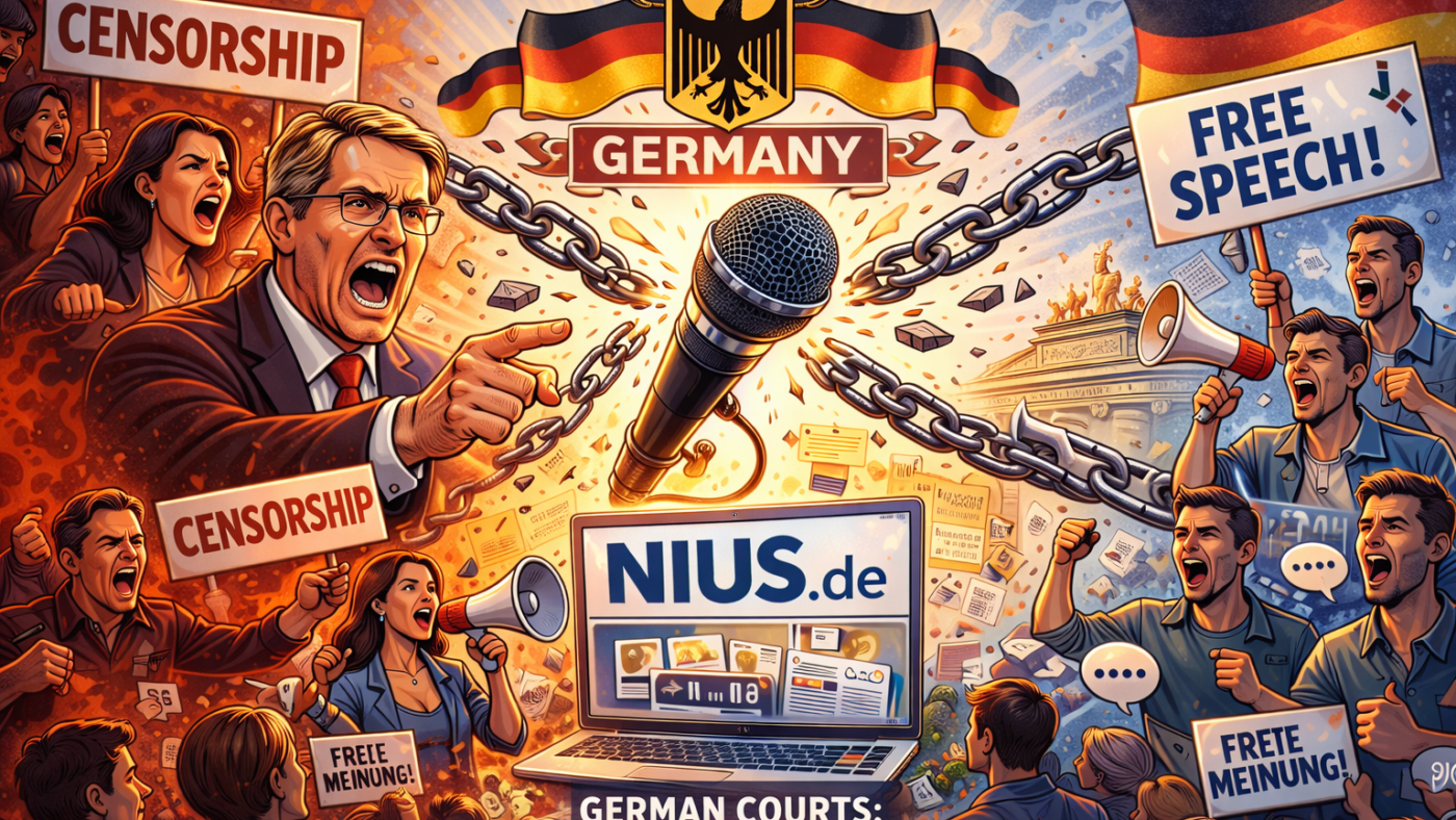 Germany at a crossroads: On one side, calls for censorship voiced by political authority; on the other, the constitutional principle of free speech and press freedom. The illustration symbolizes the German debate surrounding NIUS and Prime Minister Daniel Günther, highlighting the tension between state power, neutrality obligations under the German Basic Law, and the fundamental right to express dissenting opinions in a democratic society.