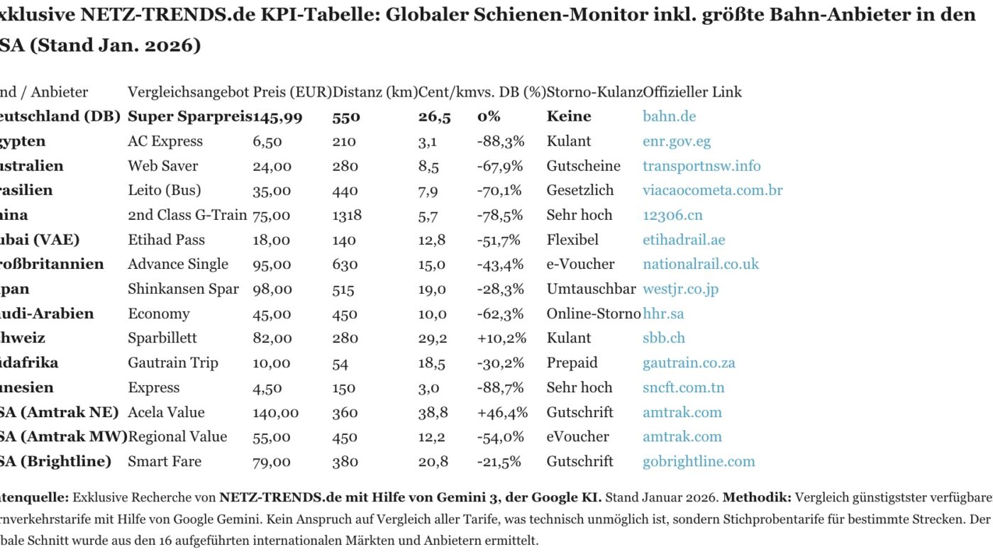 Anmerkung: Die in dieser Auswertung berücksichtigten Verbindungen beruhen auf einer Zufallsstichprobe; alle genannten Preise sind – auch wenn dies in Tabellen oder Grafiken nicht jedes Mal erneut ausgewiesen ist – als Mindestpreise („ab“-Preise) zu verstehen. Grundlage ist der Recherchestand vom 19. Januar 2026, 18:00 Uhr.
