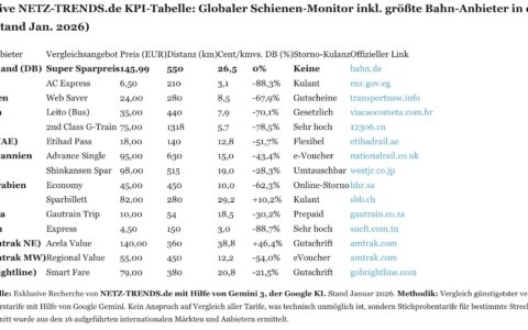 Anmerkung: Die in dieser Auswertung berücksichtigten Verbindungen beruhen auf einer Zufallsstichprobe; alle genannten Preise sind – auch wenn dies in Tabellen oder Grafiken nicht jedes Mal erneut ausgewiesen ist – als Mindestpreise („ab“-Preise) zu verstehen. Grundlage ist der Recherchestand vom 19. Januar 2026, 18:00 Uhr.