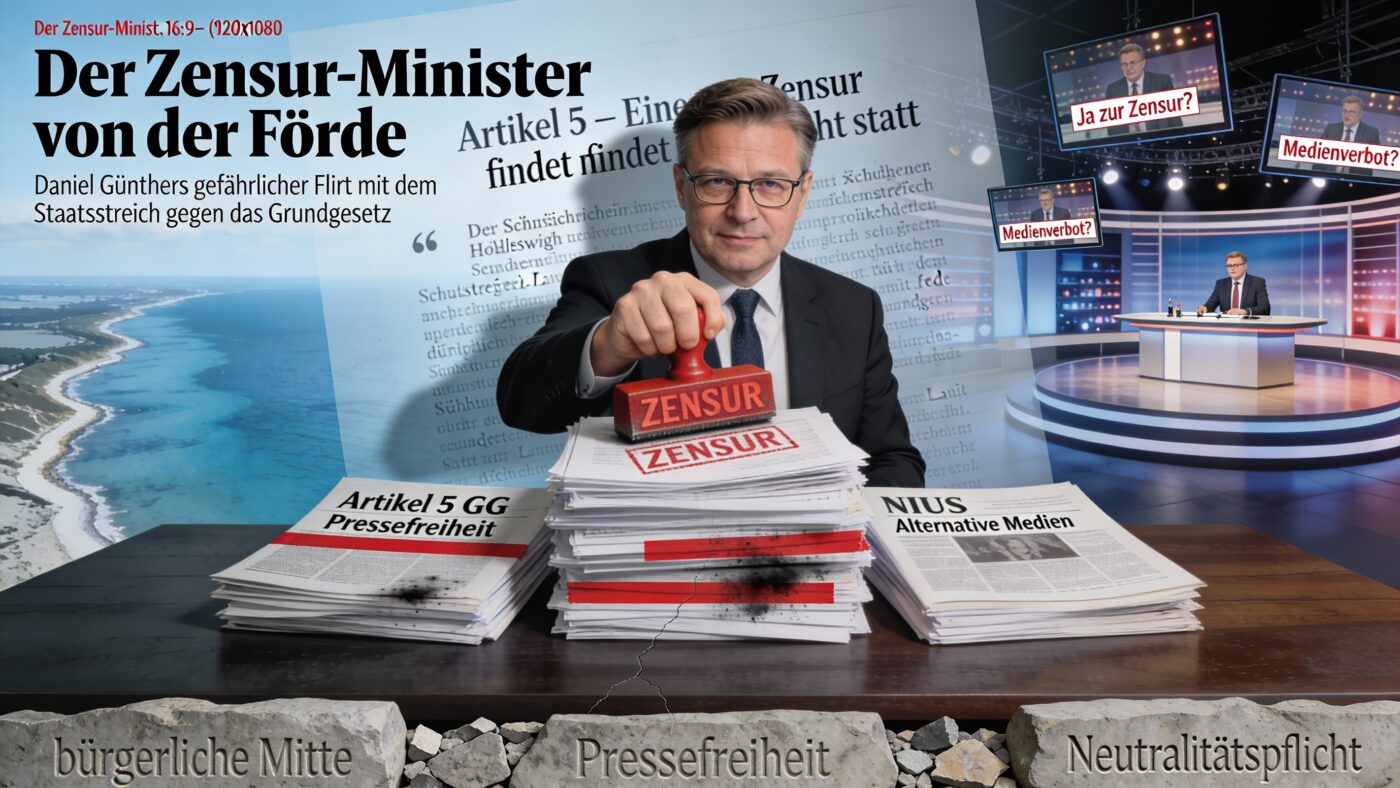Dieses Bild wurde mit KI erstellt. Es zeigt keine reale Person und nicht den CDU-Ministerpräsidenten Daniel Günther, sondern eine fiktive Figur, die sinnbildlich wie ein Inquisitor festlegt, was als richtig oder falsch gilt und welche Meinungen zugelassen werden.