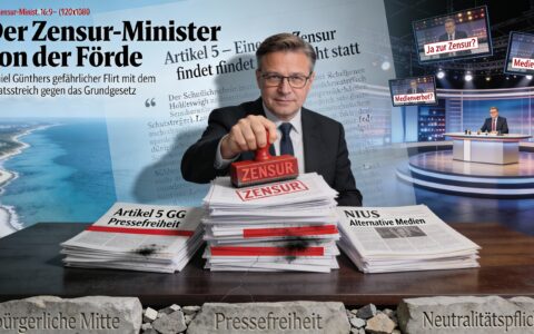 Dieses Bild wurde mit KI erstellt. Es zeigt keine reale Person und nicht den CDU-Ministerpräsidenten Daniel Günther, sondern eine fiktive Figur, die sinnbildlich wie ein Inquisitor festlegt, was als richtig oder falsch gilt und welche Meinungen zugelassen werden.