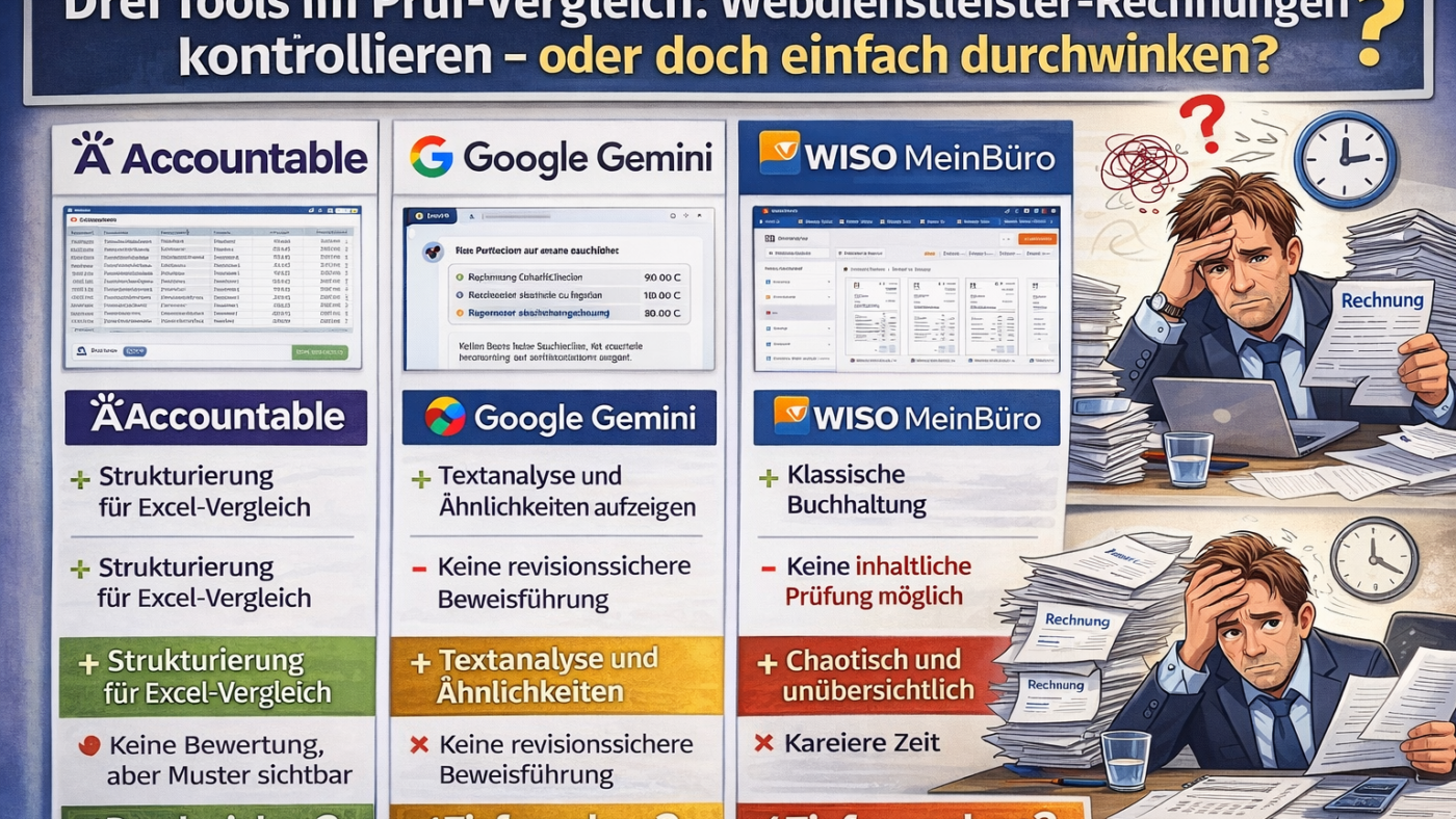 Accountable, Google Gemini und WISO MeinBüro: 100.000 Euro IT-Rechnungen und wie ein Bereichsleiter diese auf mögliche Mehrfachabrechnungen versuchte zu überprüfen