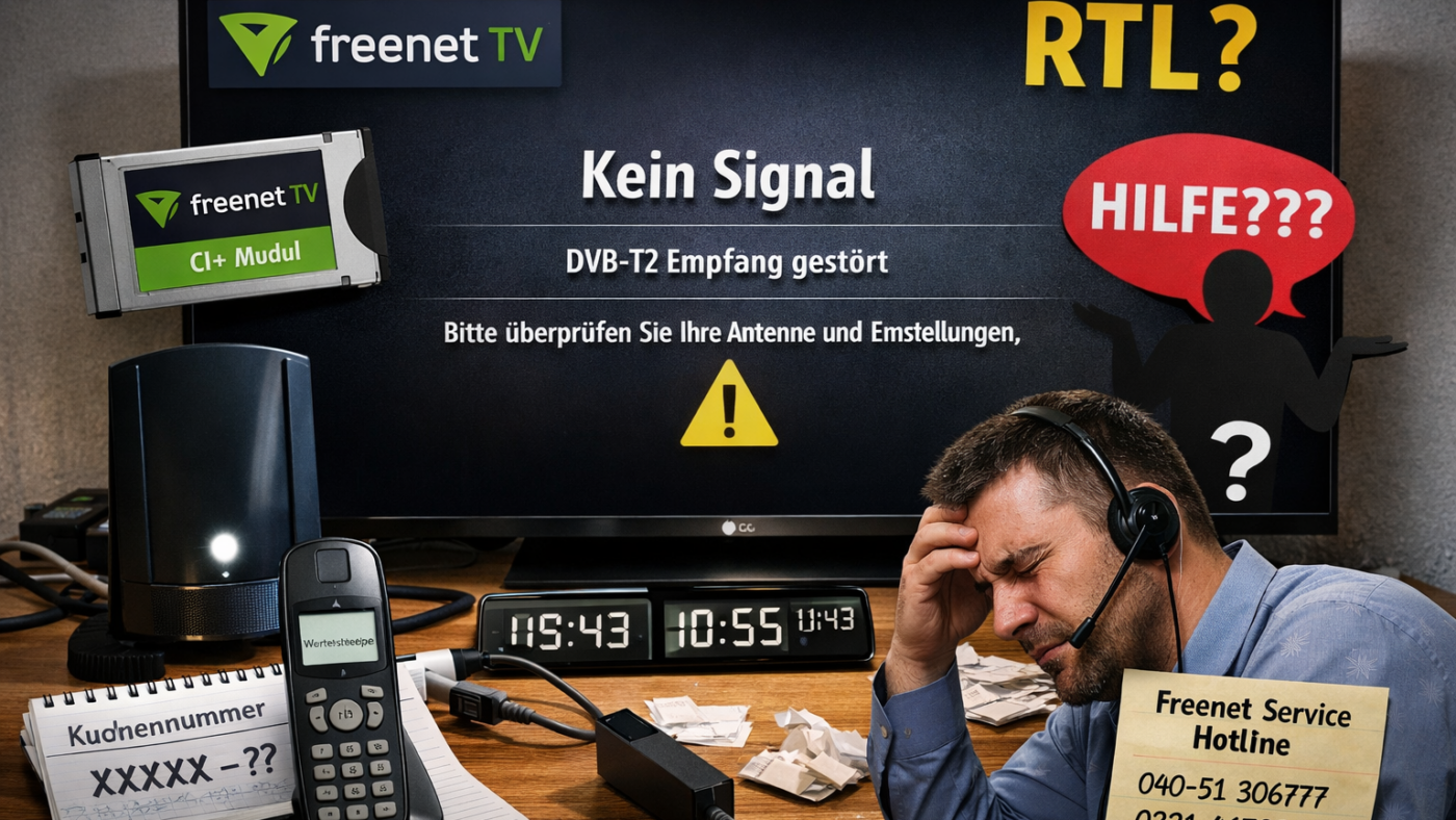 Das Chaos hat einen Namen: Die angebliche "Hotline" von freenet. Bild: KI-generiert