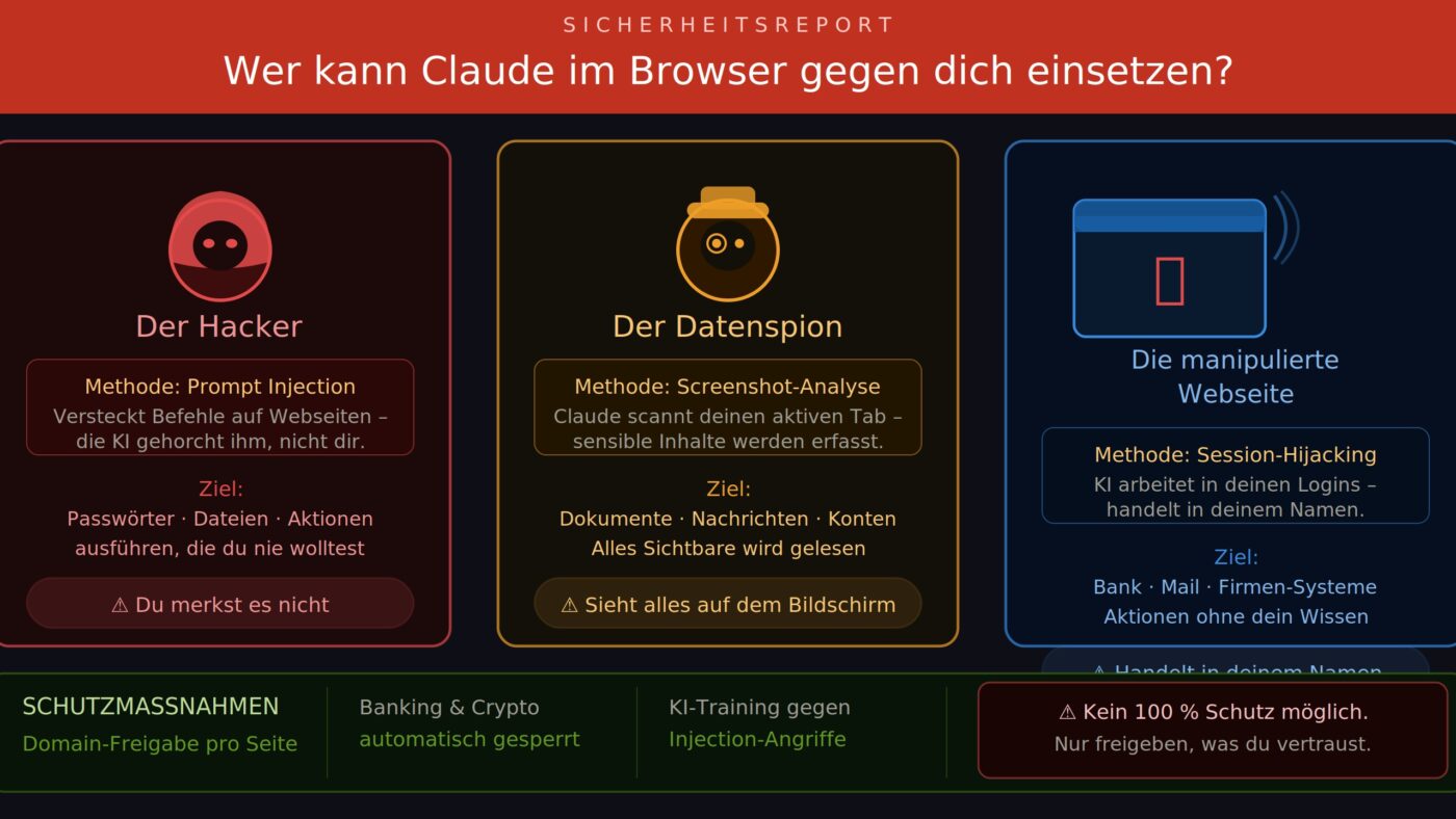 Die Google-Chrome-Erweiterung von Claude ist ein beeindruckendes KI-Werkzeug, das die Arbeit im Browser erheblich erleichtern kann – zugleich bringt der Einsatz eines solchen KI-Agenten auch Sicherheitsrisiken mit sich, die Nutzer, Unternehmen und Behörden nicht unterschätzen sollten. Grafik: Claude.ai