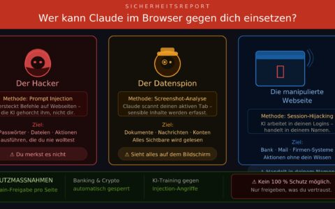 Die Google-Chrome-Erweiterung von Claude ist ein beeindruckendes KI-Werkzeug, das die Arbeit im Browser erheblich erleichtern kann – zugleich bringt der Einsatz eines solchen KI-Agenten auch Sicherheitsrisiken mit sich, die Nutzer, Unternehmen und Behörden nicht unterschätzen sollten. Grafik: Claude.ai