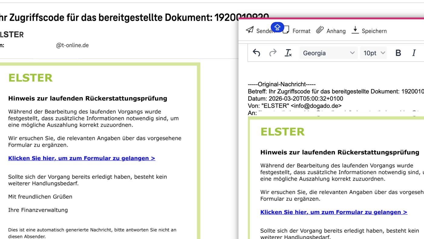 Warnung: Fake ELSTER Mail von info@dogado.de mit Zugriffscode (1920010920) ⚠️ / Betrugs-E-Mail: