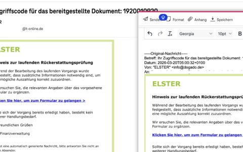 Warnung: Fake ELSTER Mail von info@dogado.de mit Zugriffscode (1920010920) ⚠️ / Betrugs-E-Mail: