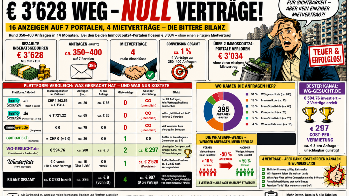 16 Immobilienanzeigen, vier Mietverträge, € 3'628 Inseratsgebühren in 14 Monaten — die zwiespältige Bilanz von ImmoScout24.de, ImmoScout24.ch und vier weiteren Immobilienportalen