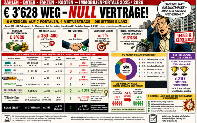 16 Immobilienanzeigen, vier Mietverträge, € 3'628 Inseratsgebühren in 14 Monaten — die zwiespältige Bilanz von ImmoScout24.de, ImmoScout24.ch und vier weiteren Immobilienportalen
