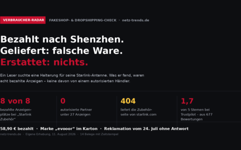 Acht von acht bezahlten Anzeigen ohne autorisierten Starlink-Haendler, 404 bei der Zubehoerseite, 1,7 Sterne bei Trustpilot
